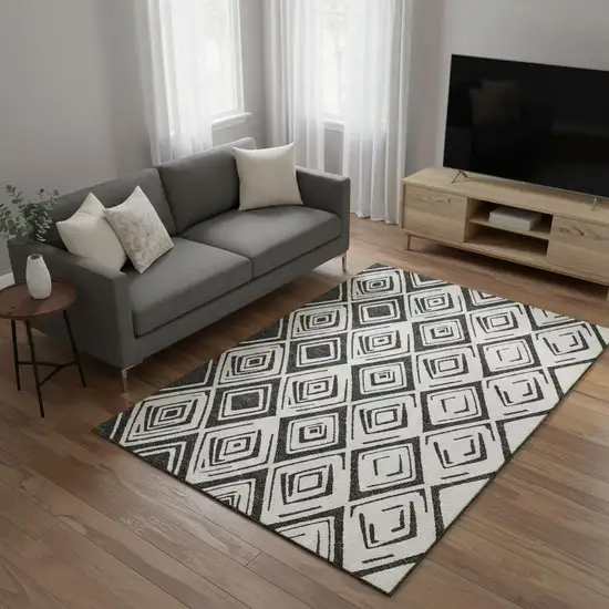 Ivory And Black Diamond Washable Area Rug With UV Protection Photo 2