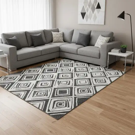 Ivory And Black Diamond Washable Area Rug With UV Protection Photo 2