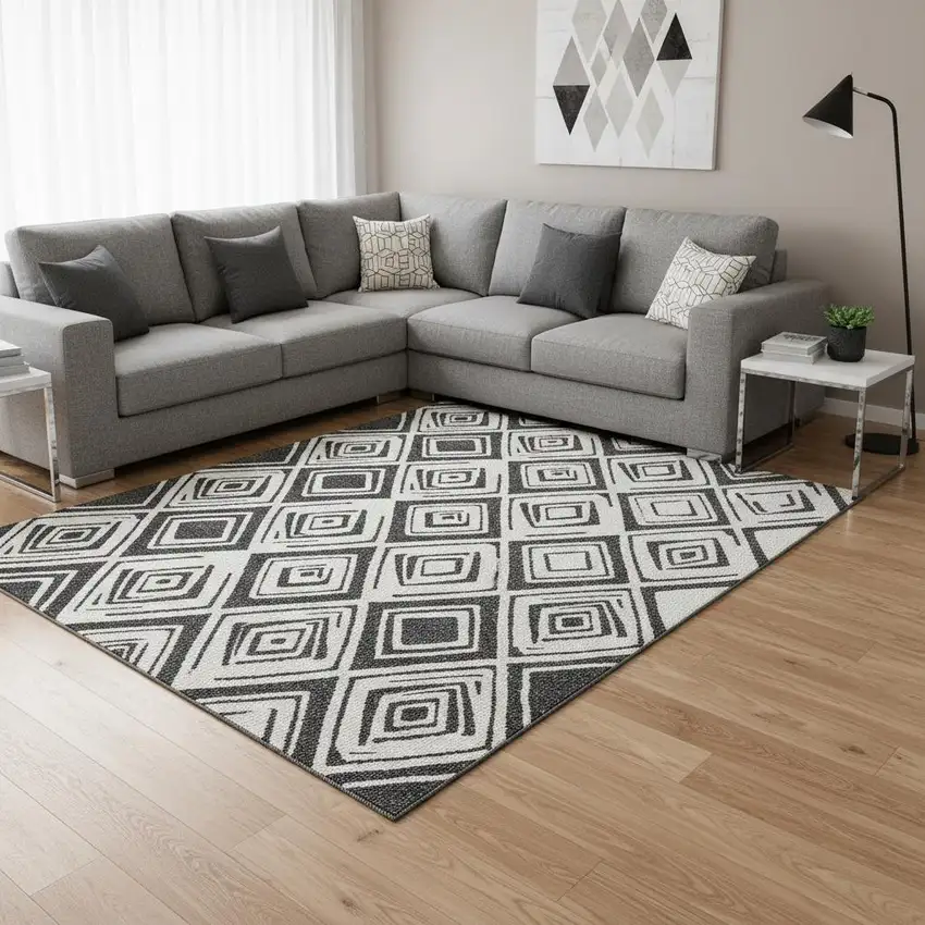 Ivory And Black Diamond Washable Area Rug With UV Protection Photo 2