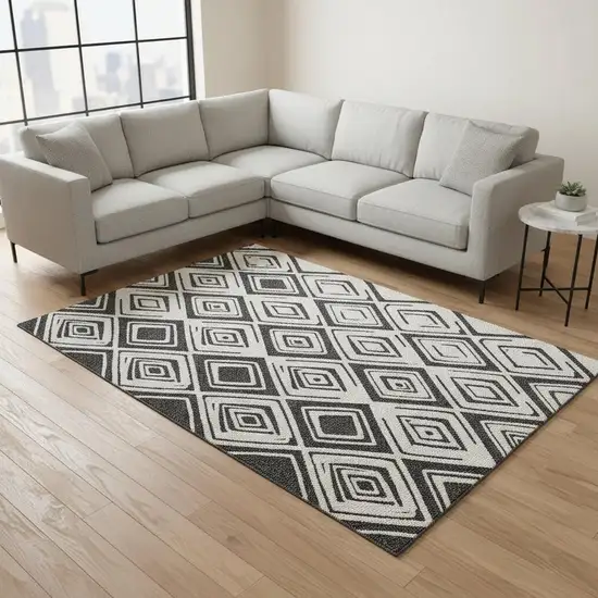 Ivory And Black Diamond Washable Area Rug With UV Protection Photo 2
