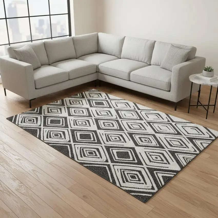 Ivory And Black Diamond Washable Area Rug With UV Protection Photo 2