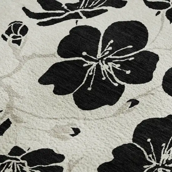 Ivory And Black Floral Washable Area Rug With UV Protection Photo 3