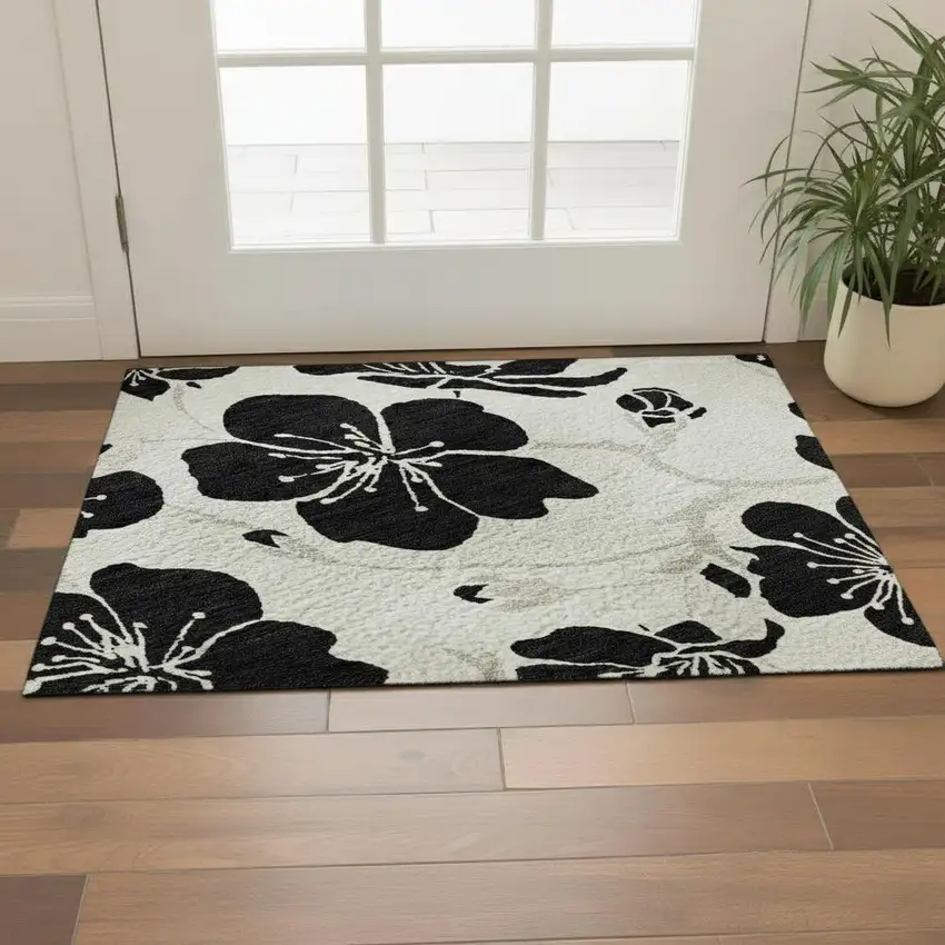 Ivory And Black Floral Washable Area Rug With UV Protection Photo 2