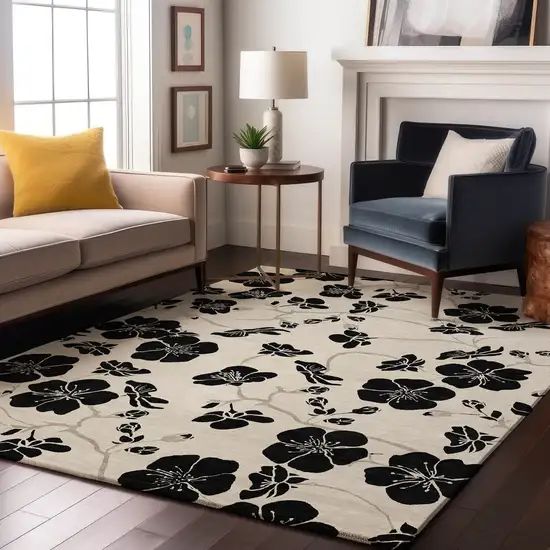 Ivory And Black Floral Washable Area Rug With UV Protection Photo 4