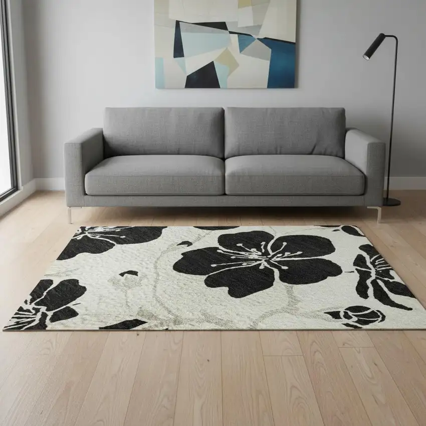 Ivory And Black Floral Washable Area Rug With UV Protection Photo 2