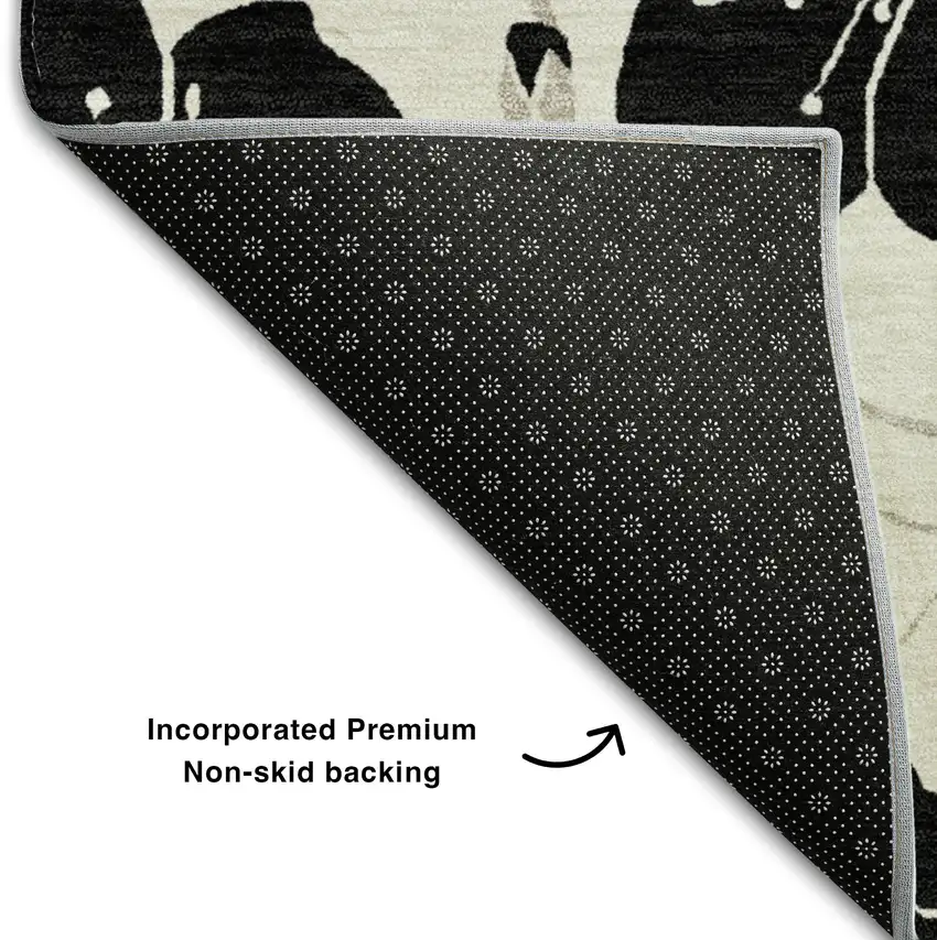 Ivory And Black Floral Washable Area Rug With UV Protection Photo 7