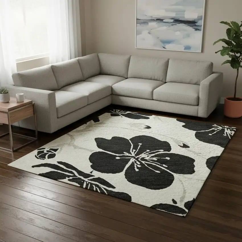 Ivory And Black Floral Washable Area Rug With UV Protection Photo 2