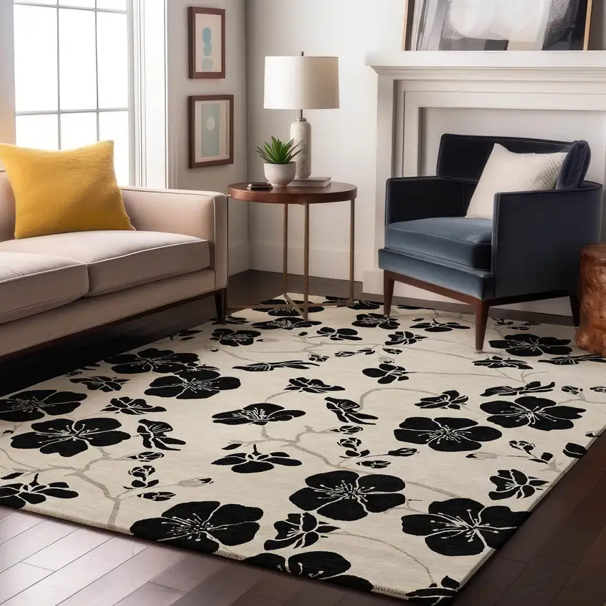 Ivory And Black Floral Washable Area Rug With UV Protection Photo 4