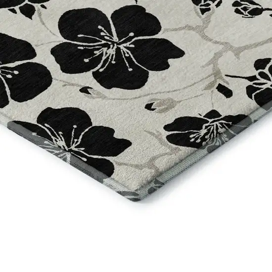 Ivory And Black Floral Washable Area Rug With UV Protection Photo 8