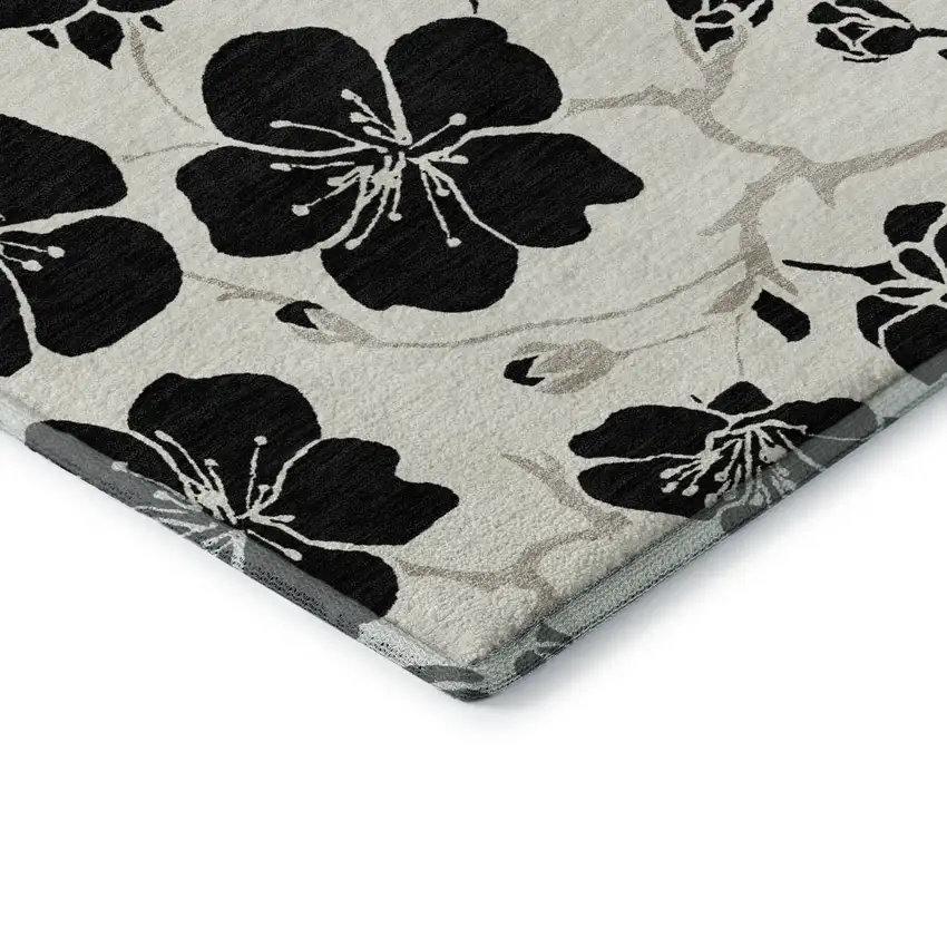 Ivory And Black Floral Washable Area Rug With UV Protection Photo 8