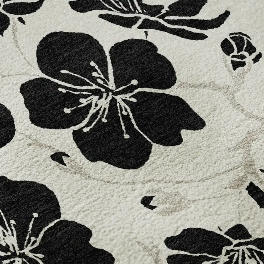 Ivory And Black Floral Washable Area Rug With UV Protection Photo 1