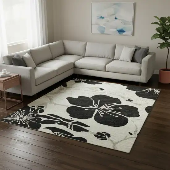Ivory And Black Floral Washable Area Rug With UV Protection Photo 2