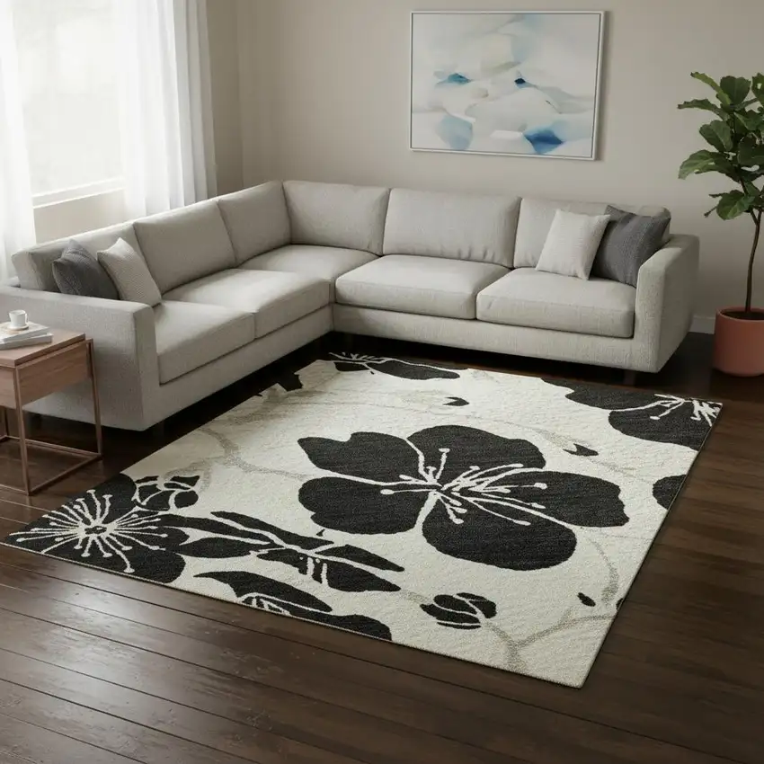 Ivory And Black Floral Washable Area Rug With UV Protection Photo 2