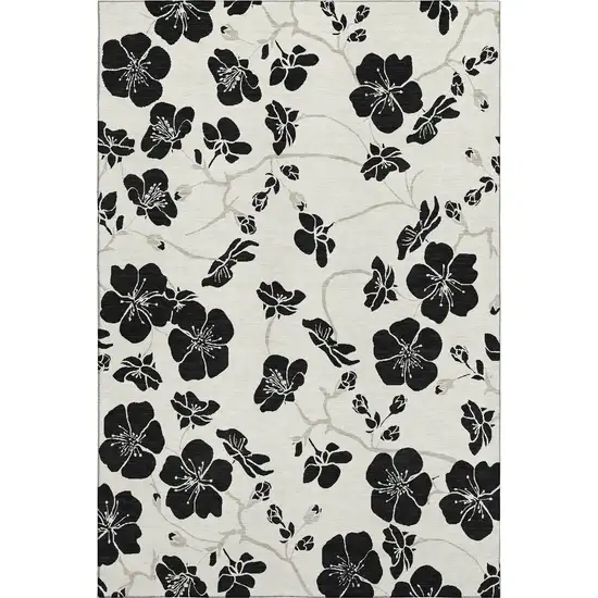 Ivory And Black Floral Washable Area Rug With UV Protection Photo 6