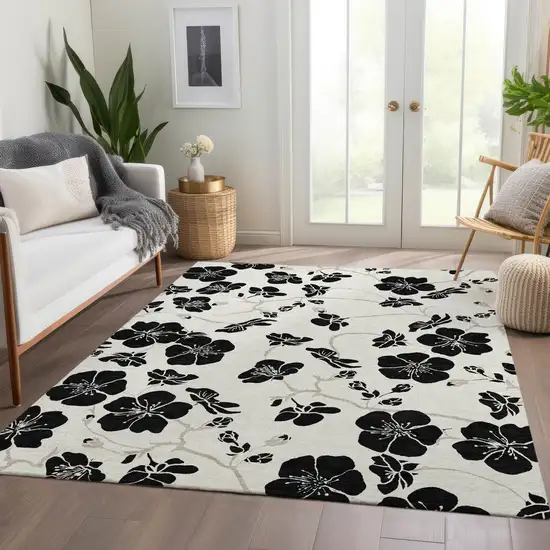 Ivory And Black Floral Washable Area Rug With UV Protection Photo 5