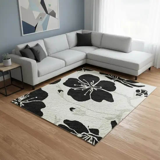 Ivory And Black Floral Washable Area Rug With UV Protection Photo 2