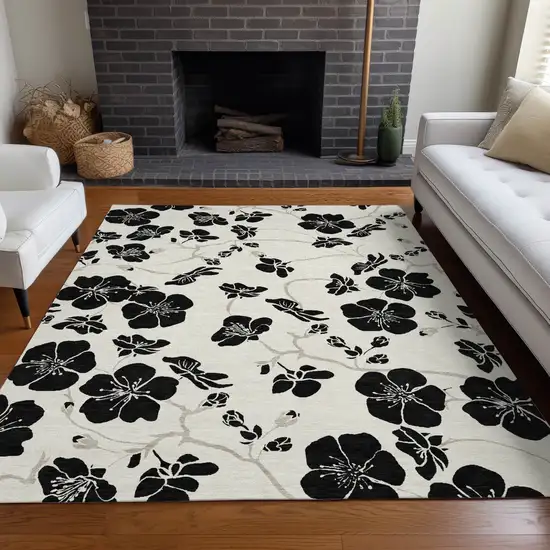 Ivory And Black Floral Washable Indoor Outdoor Area Rug Photo 9