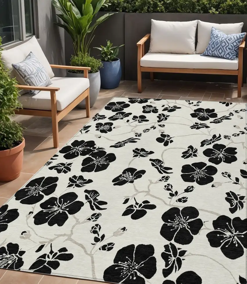 Ivory And Black Floral Washable Indoor Outdoor Area Rug Photo 1
