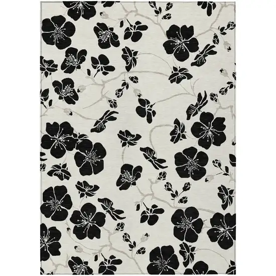 Ivory And Black Floral Washable Indoor Outdoor Area Rug Photo 2