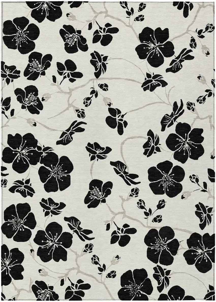 Ivory And Black Floral Washable Indoor Outdoor Area Rug Photo 2