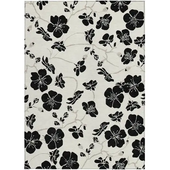 Ivory And Black Floral Washable Indoor Outdoor Area Rug Photo 7