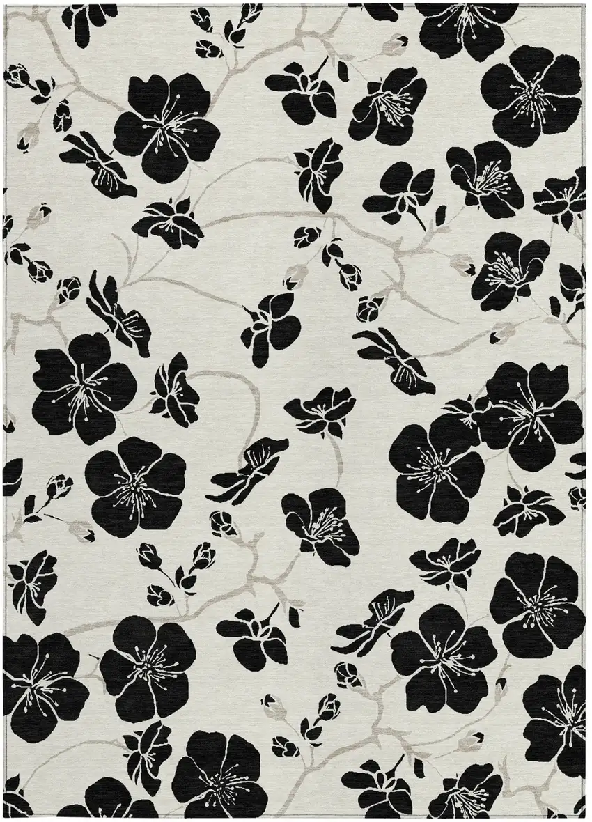 Ivory And Black Floral Washable Indoor Outdoor Area Rug Photo 7