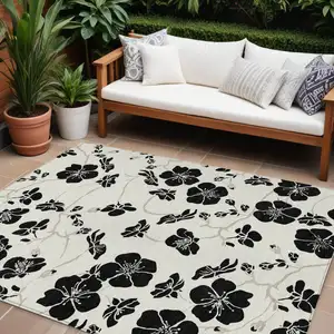 Photo of Ivory And Black Floral Washable Indoor Outdoor Area Rug
