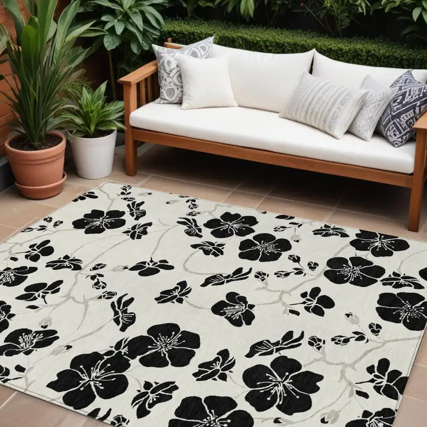 Ivory And Black Floral Washable Indoor Outdoor Area Rug Photo 1