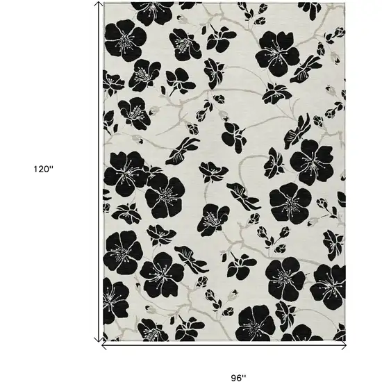 Ivory And Black Floral Washable Indoor Outdoor Area Rug Photo 3