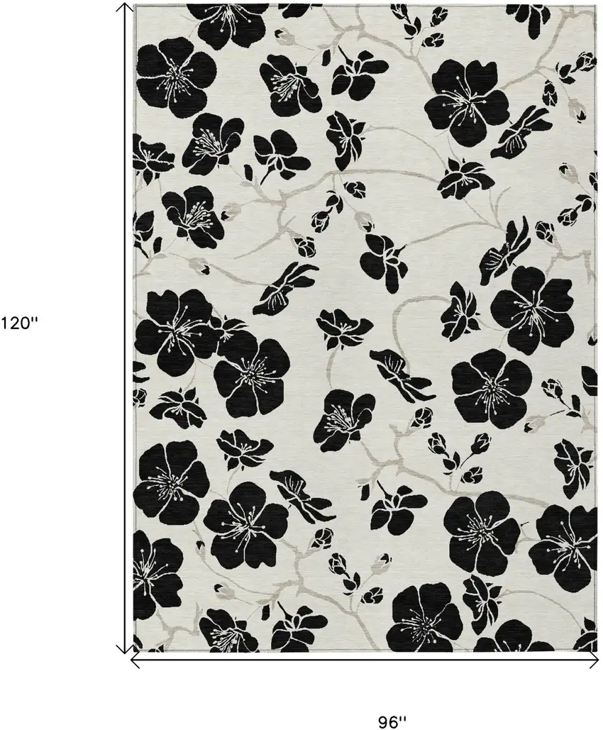 Ivory And Black Floral Washable Indoor Outdoor Area Rug Photo 3