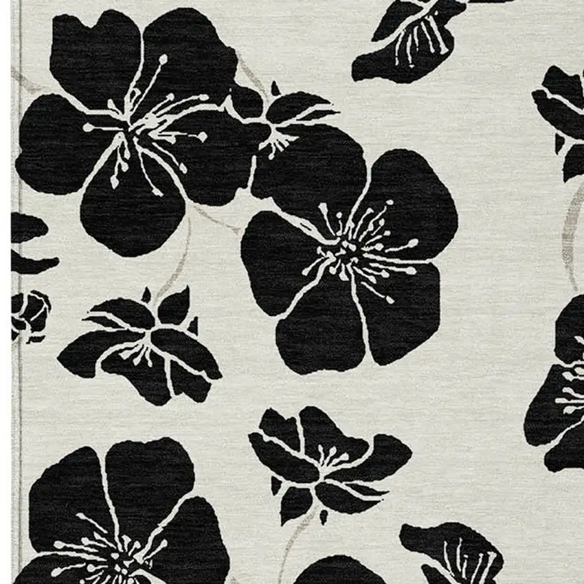 Ivory And Black Floral Washable Indoor Outdoor Area Rug Photo 6