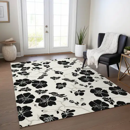 Ivory And Black Floral Washable Indoor Outdoor Area Rug Photo 9