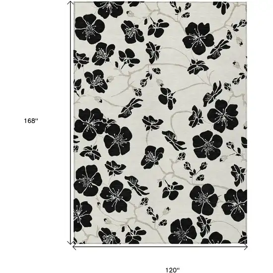 Ivory And Black Floral Washable Indoor Outdoor Area Rug Photo 3