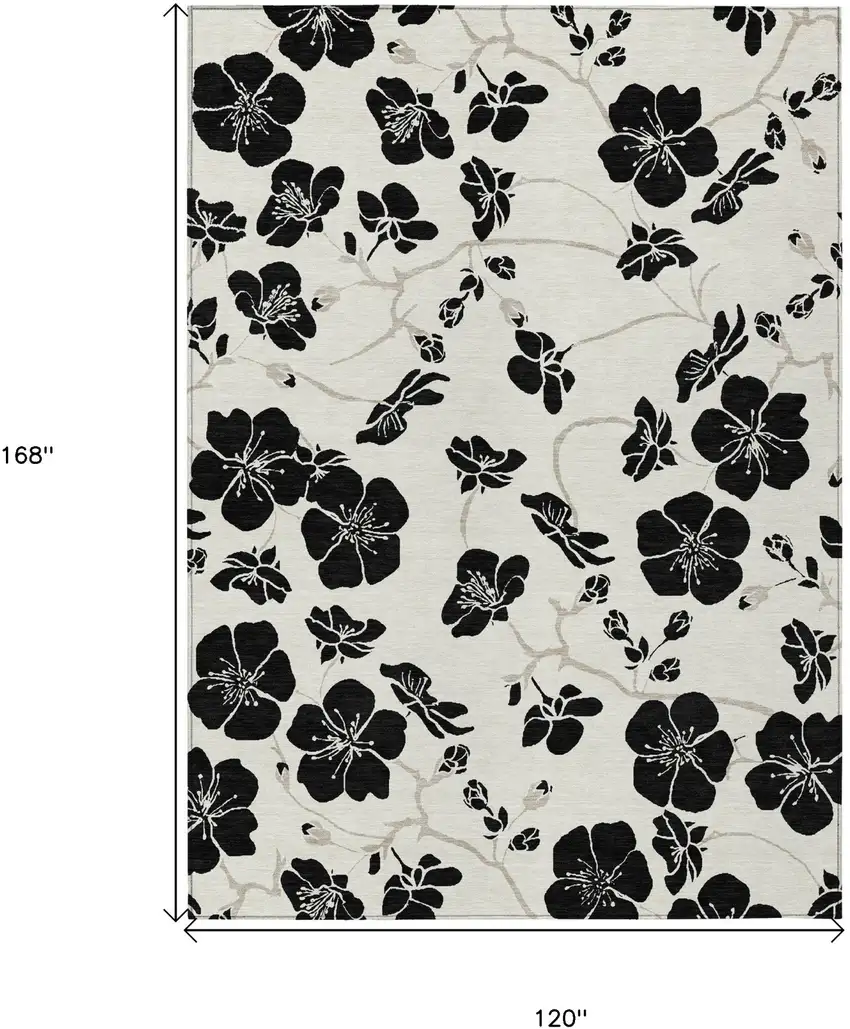 Ivory And Black Floral Washable Indoor Outdoor Area Rug Photo 3