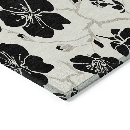 Ivory And Black Floral Washable Indoor Outdoor Area Rug Photo 5