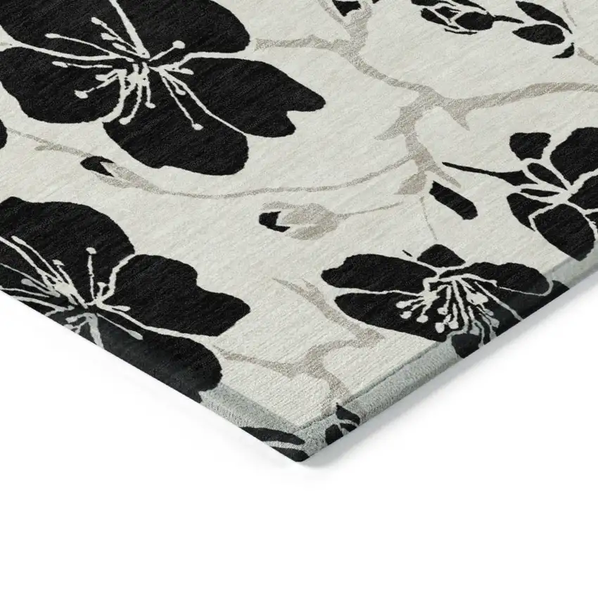 Ivory And Black Floral Washable Indoor Outdoor Area Rug Photo 5