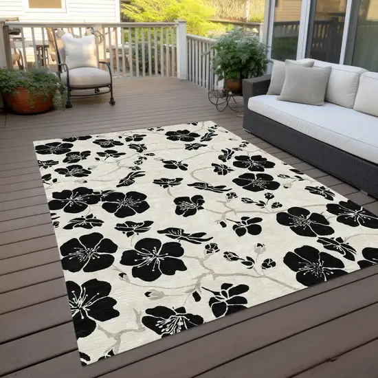Ivory And Black Floral Washable Indoor Outdoor Area Rug Photo 8