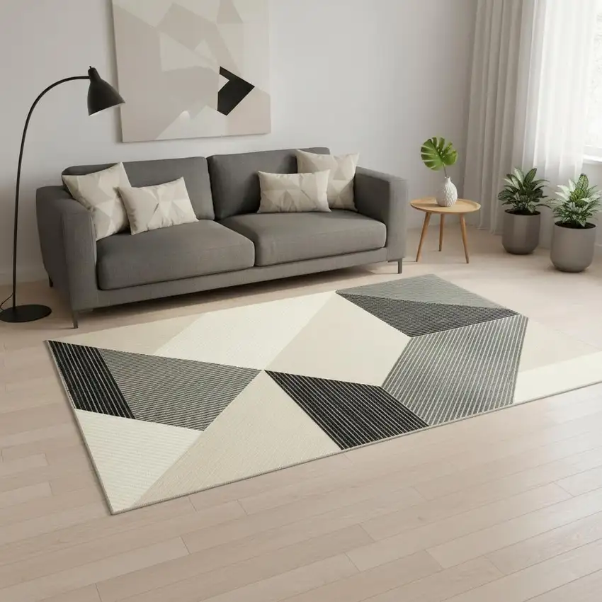 Ivory And Black Geometric Area Rug Photo 1