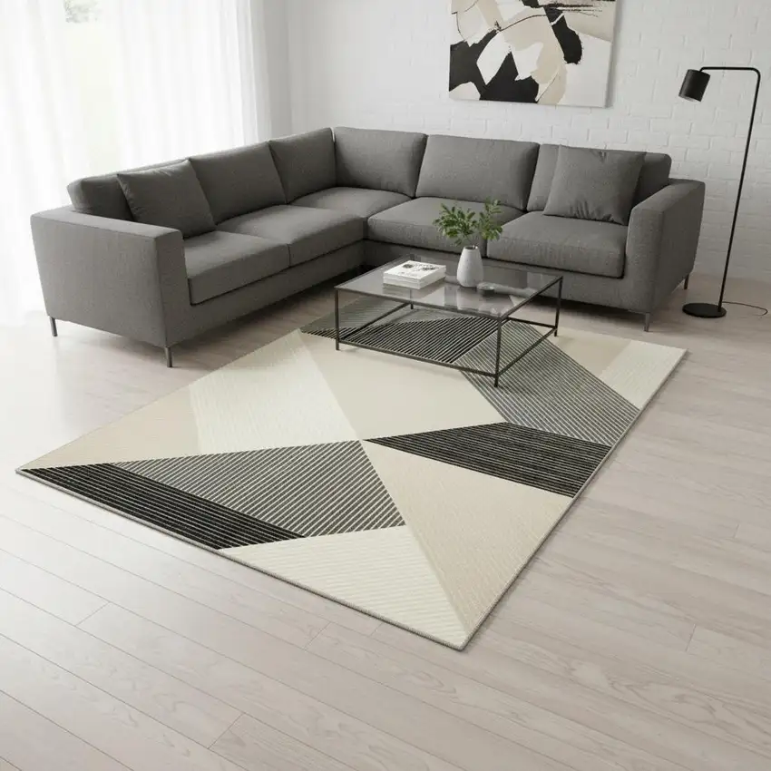 Ivory And Black Geometric Area Rug Photo 1