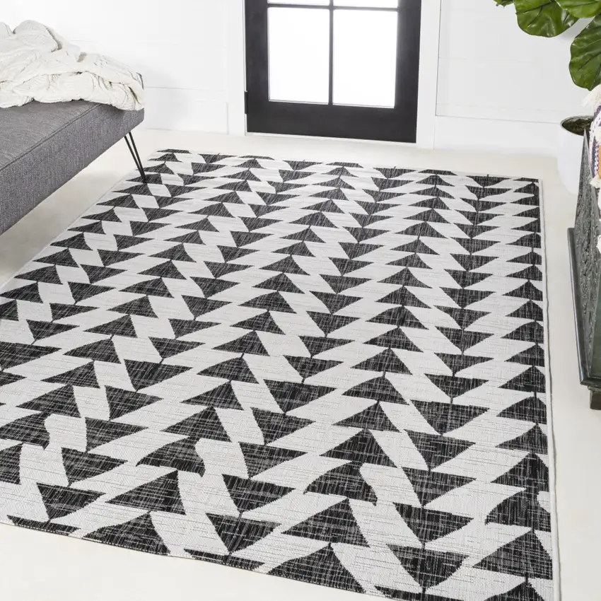 Ivory And Black Geometric Indoor Outdoor Area Rug Photo 5