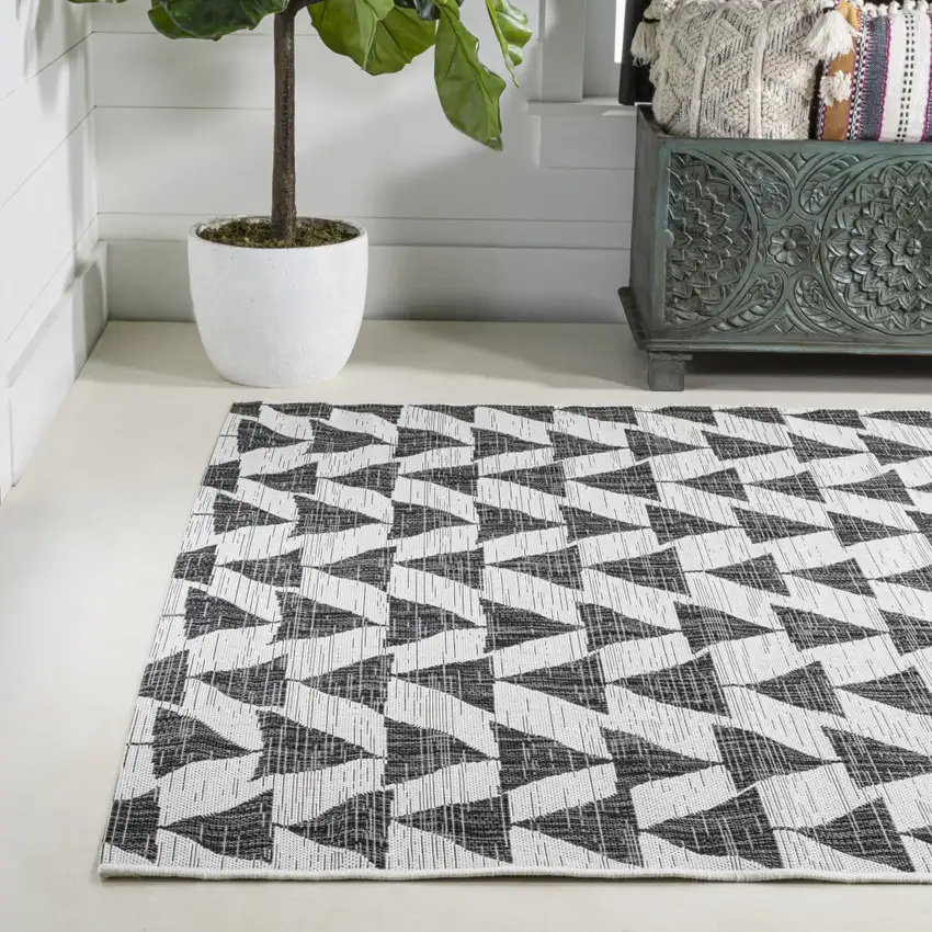 Ivory And Black Geometric Indoor Outdoor Area Rug Photo 6