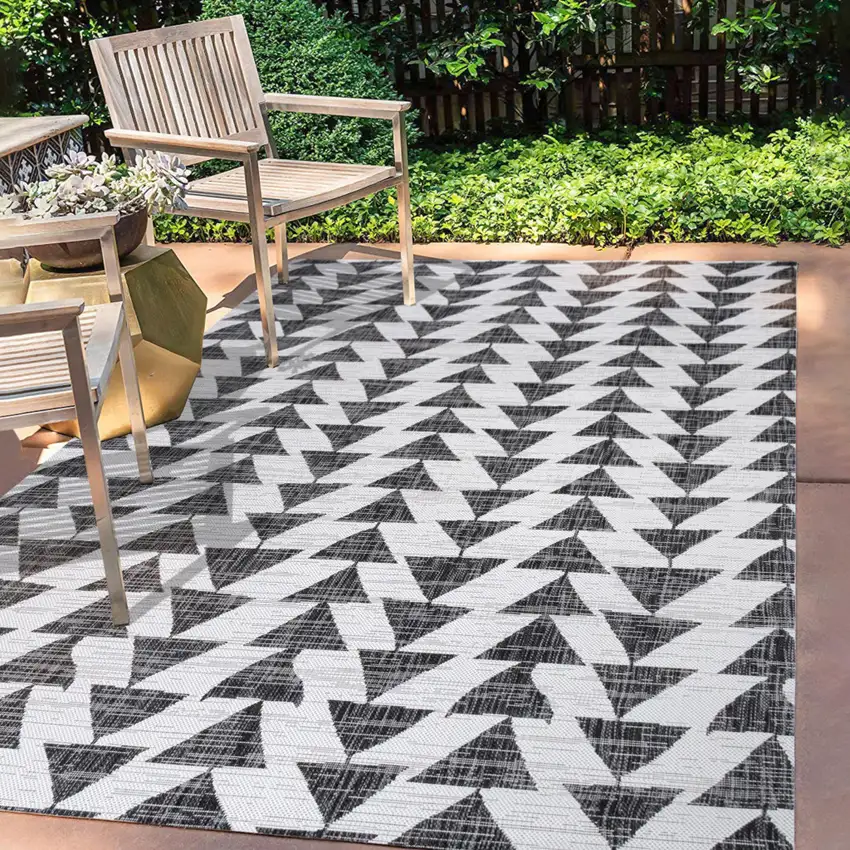 Ivory And Black Geometric Indoor Outdoor Area Rug Photo 9