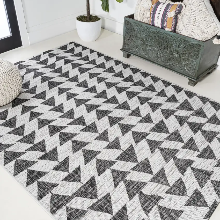 Ivory And Black Geometric Indoor Outdoor Area Rug Photo 7