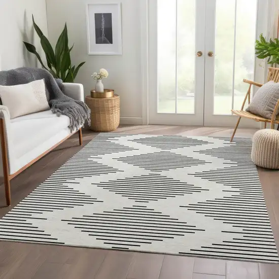 Ivory And Black Geometric Washable Area Rug With UV Protection Photo 3