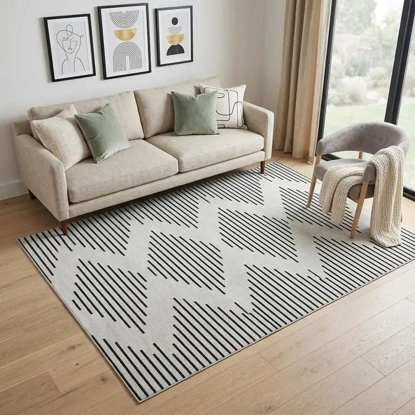 Ivory And Black Geometric Washable Area Rug With UV Protection Photo 1