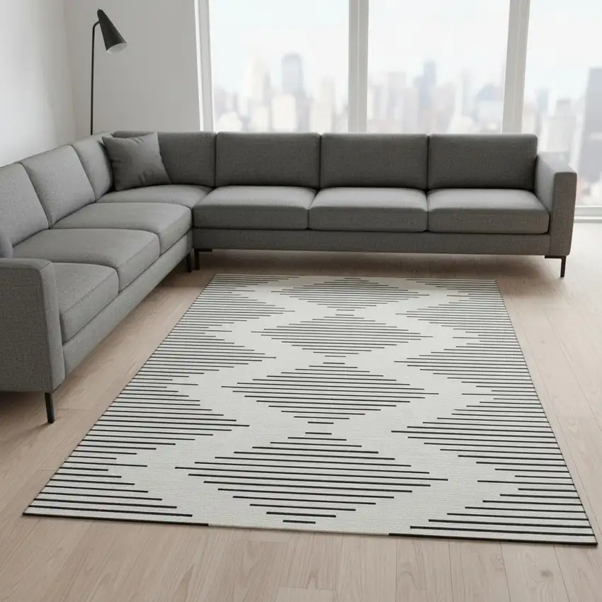 Ivory And Black Geometric Washable Area Rug With UV Protection Photo 2