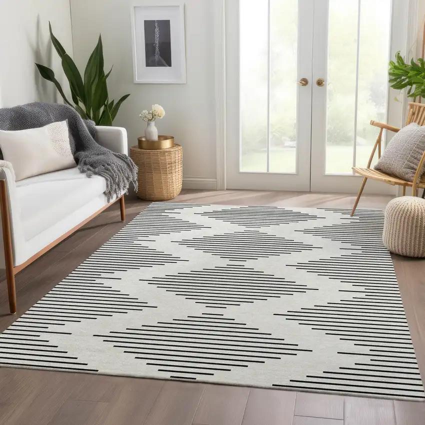 Ivory And Black Geometric Washable Area Rug With UV Protection Photo 3