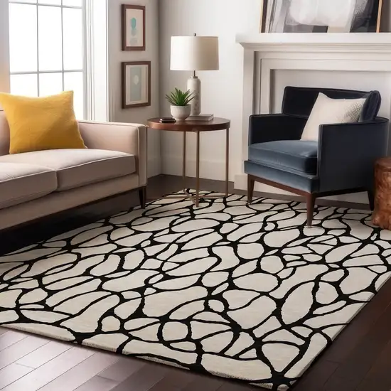 Ivory And Black Geometric Washable Area Rug With UV Protection Photo 4