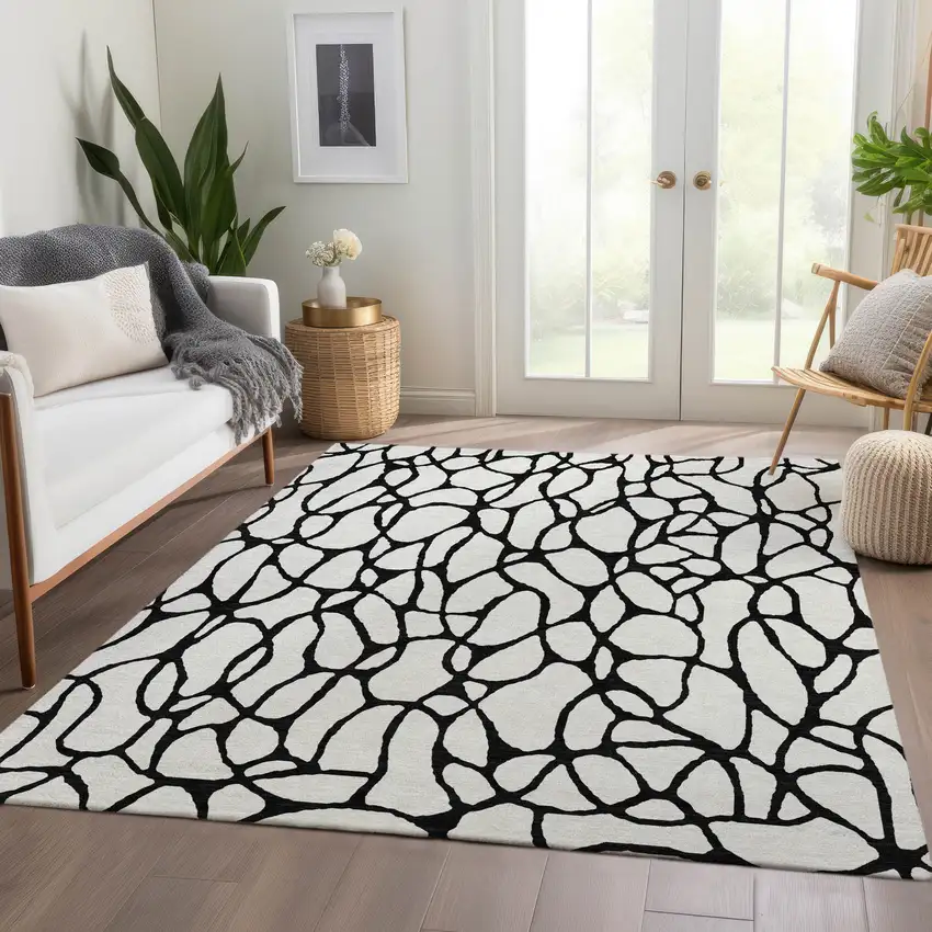 Ivory And Black Geometric Washable Area Rug With UV Protection Photo 5