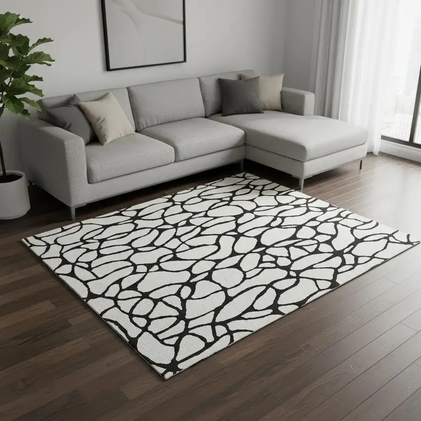 Ivory And Black Geometric Washable Area Rug With UV Protection Photo 2
